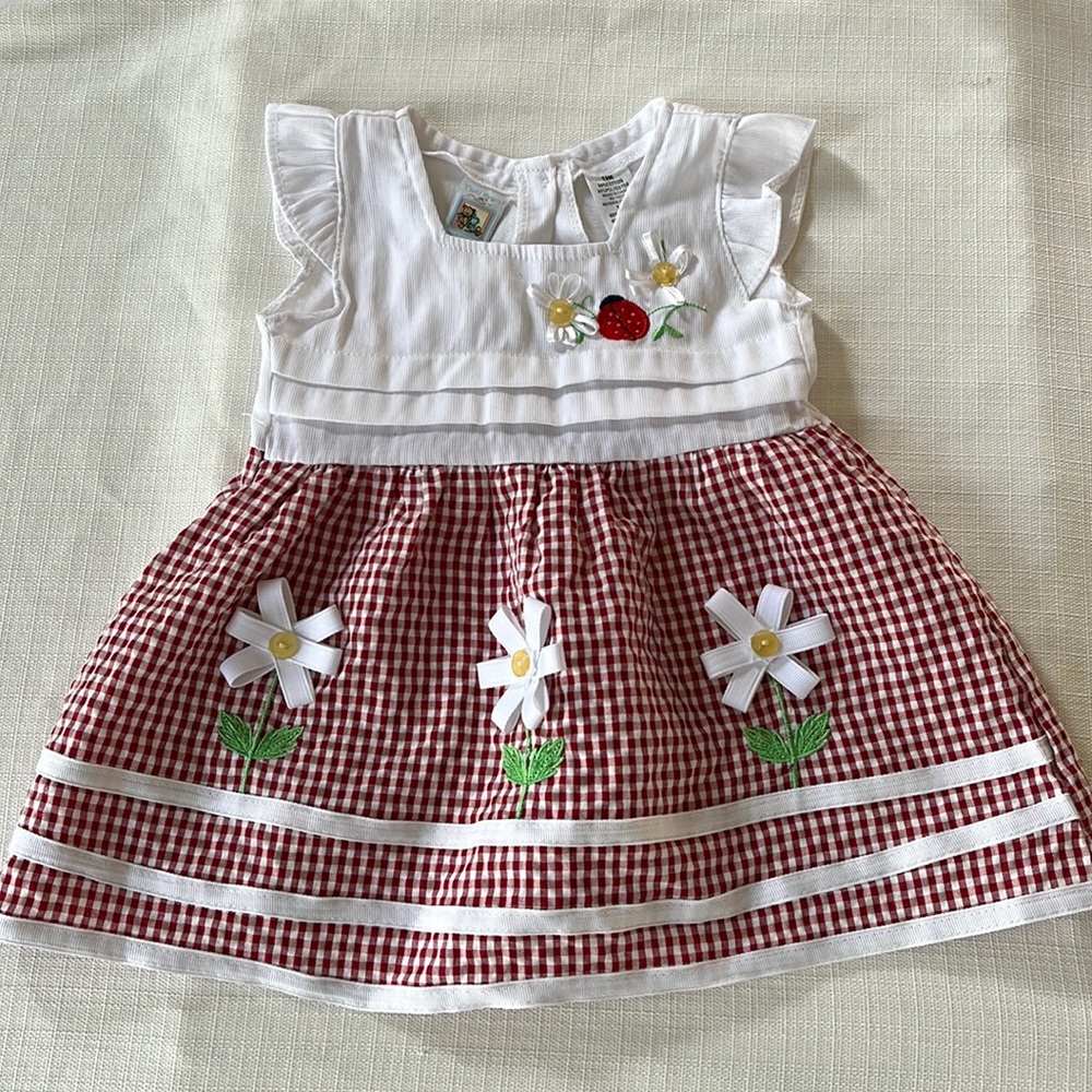 Infant Girl 12 month ladybug flower dress cotton/poly blend Red checkered skirt